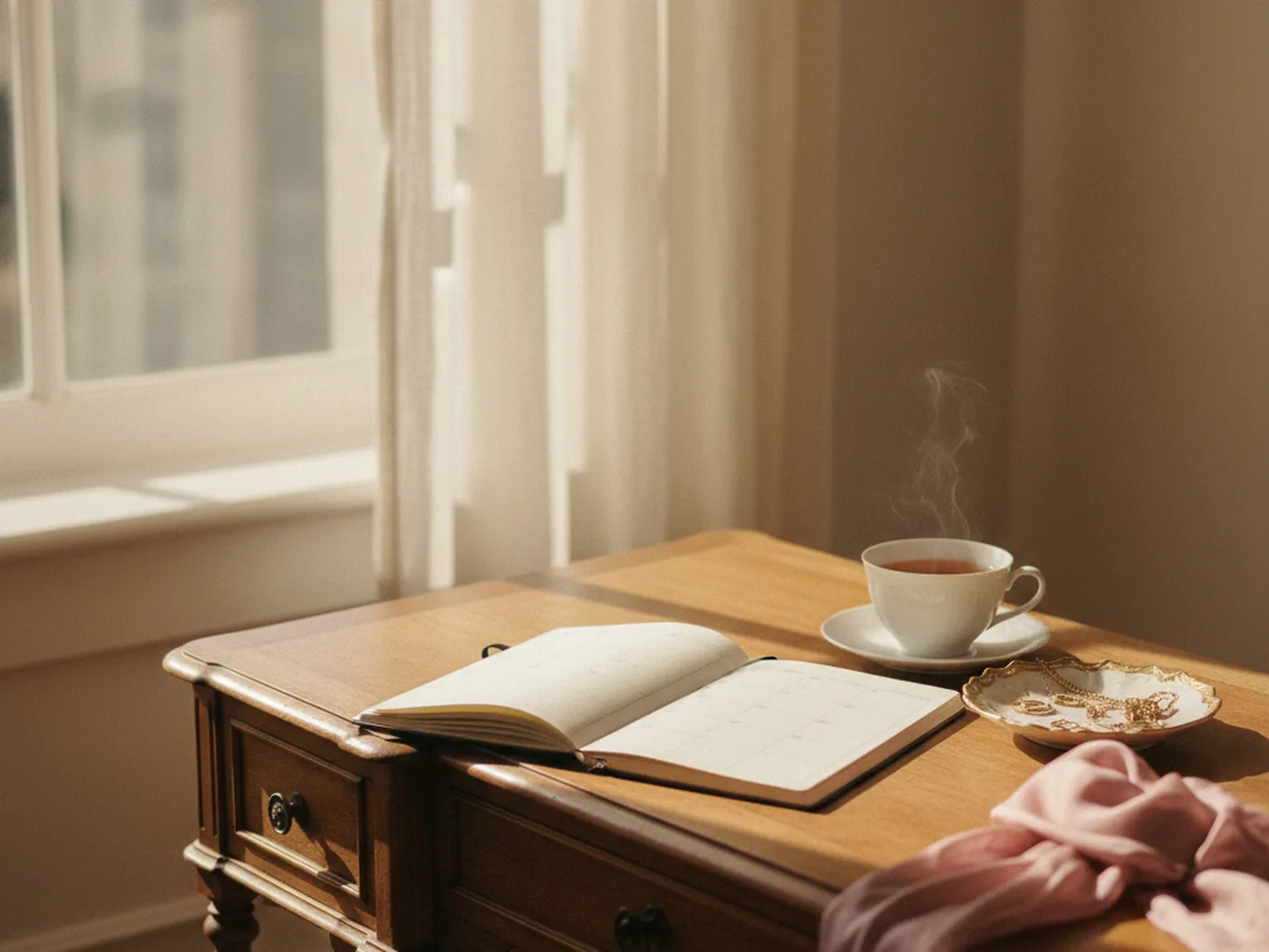 A bride's planner open on a dressing table, with a cup of tea and gold jewelry, ready for a calm morning of planning