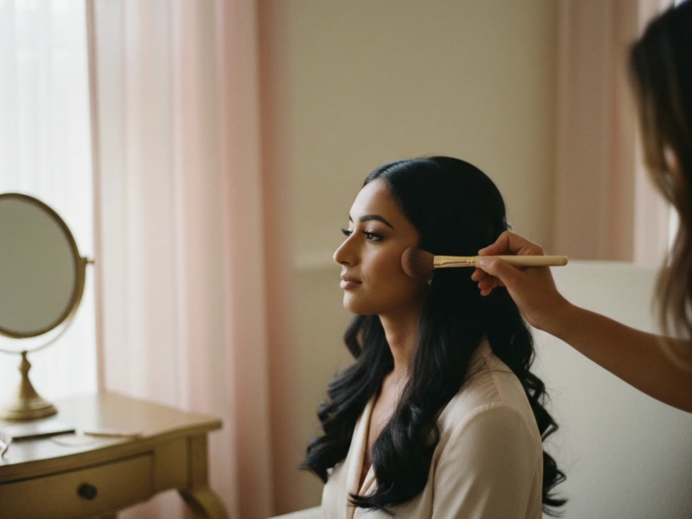 A bride smiling during her makeup preview, with the artist's brush gently applying makeup to her cheek.