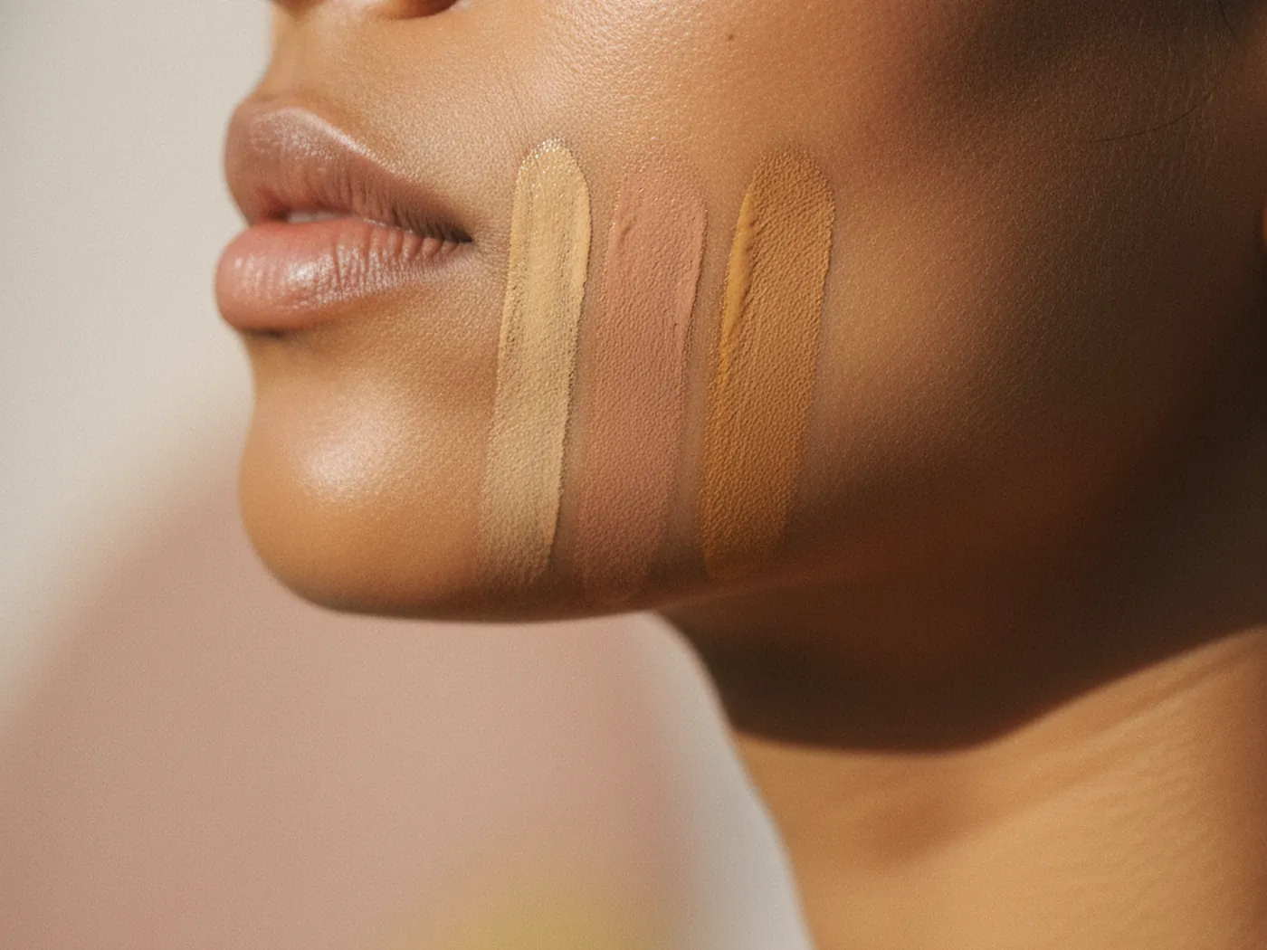 Three foundation shades swiped on a jawline to find the perfect match for warm brown skin