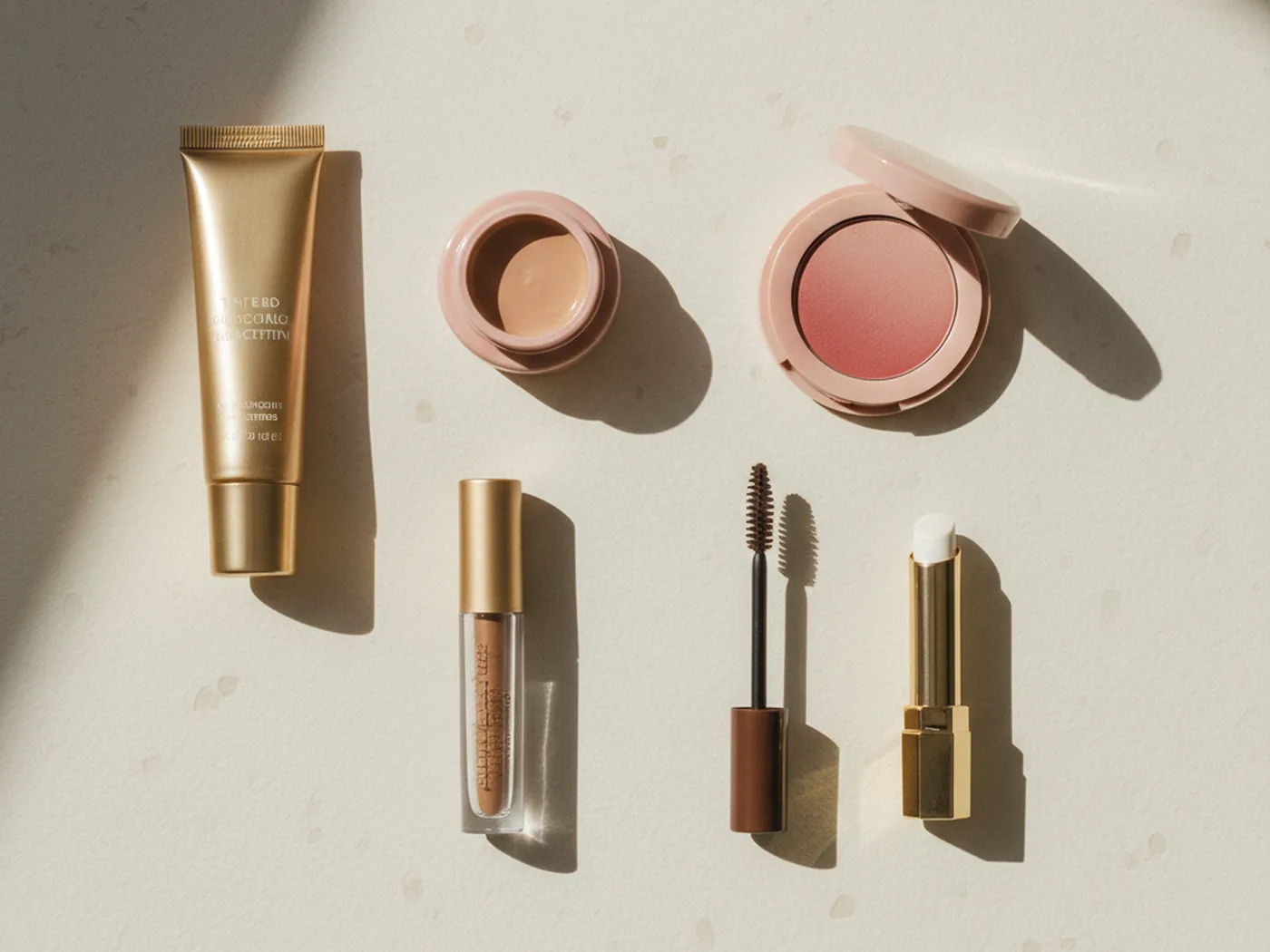 A few everyday makeup essentials laid out for a quick, five-minute look.
