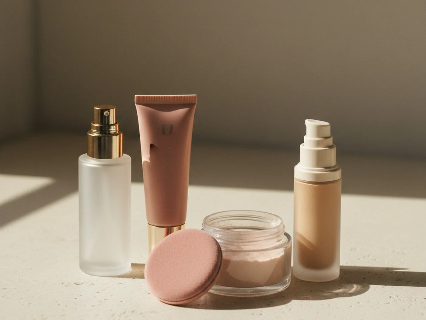 Setting spray, primer, powder and foundation, the tools for creating a long-lasting bridal makeup look.