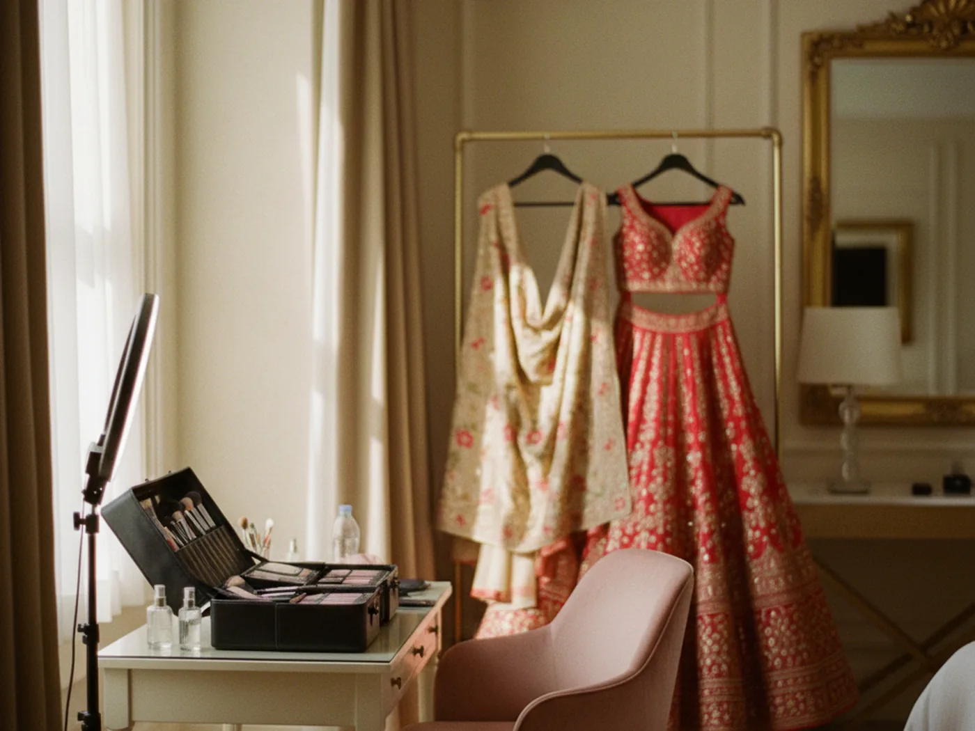 A makeup artist's kit with brushes and palettes, set up in a hotel room and ready for a wedding morning