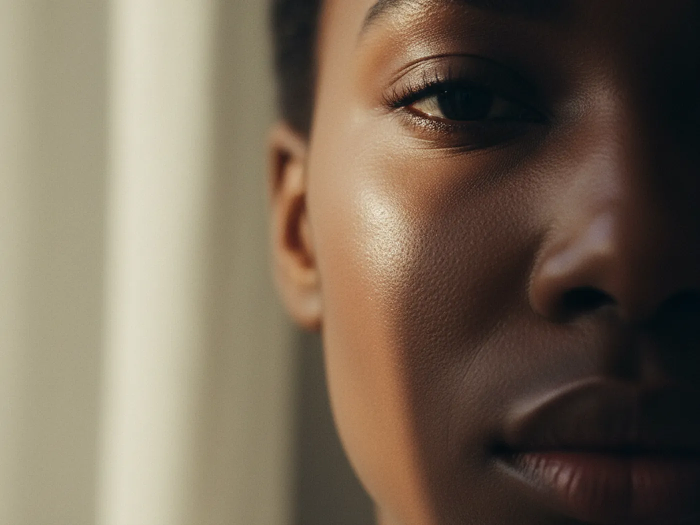 A close-up photo showing a flawless, natural makeup finish on a bride's cheek