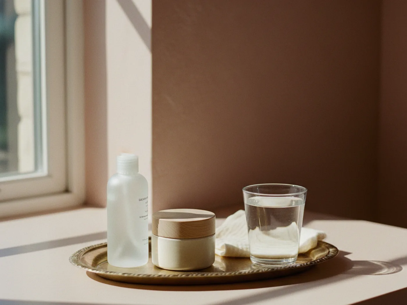 A simple skincare routine on a sunny morning table, ready for the day.