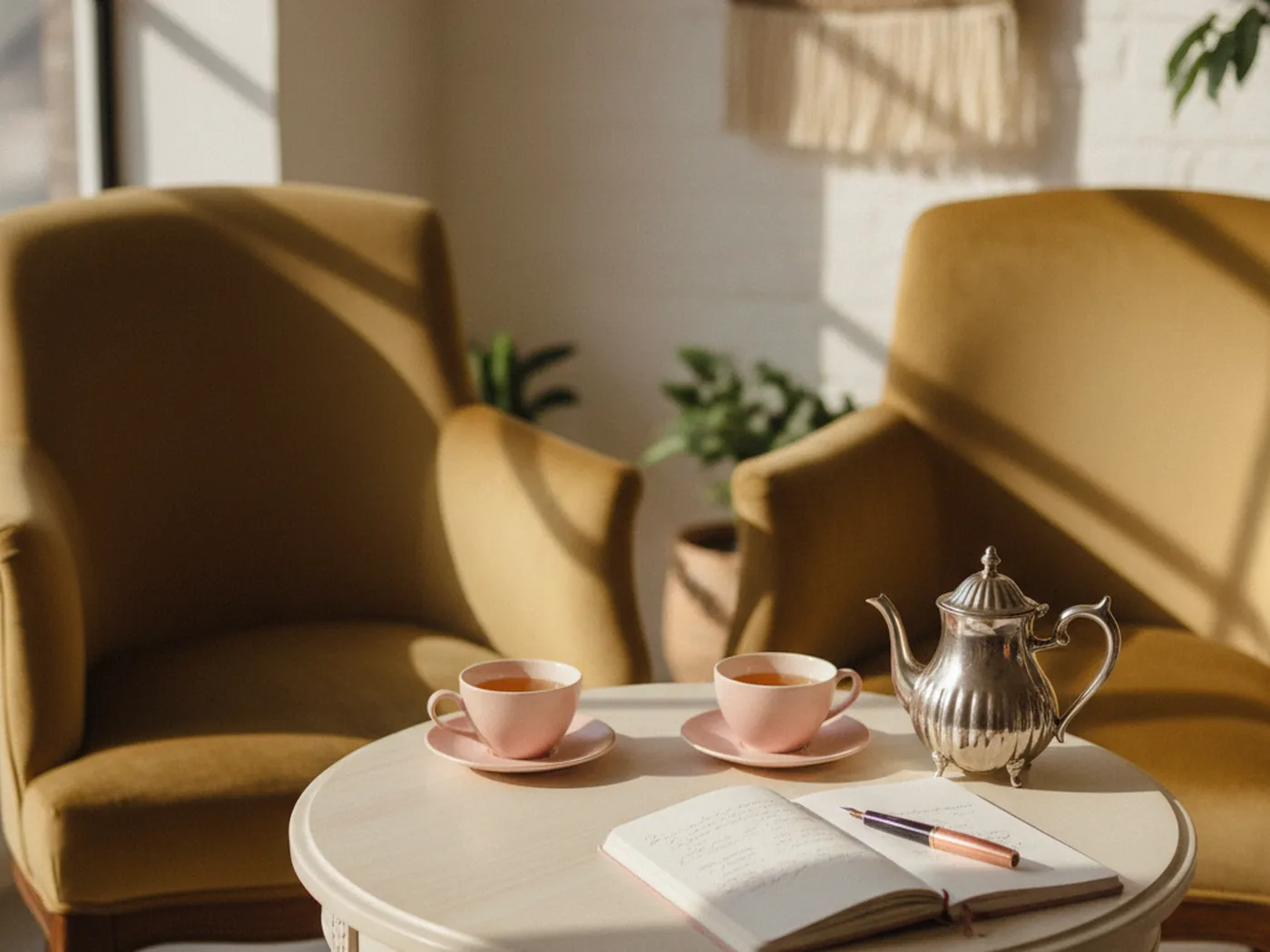 A calm moment to plan your wedding look, with two cups of tea and an open notebook.