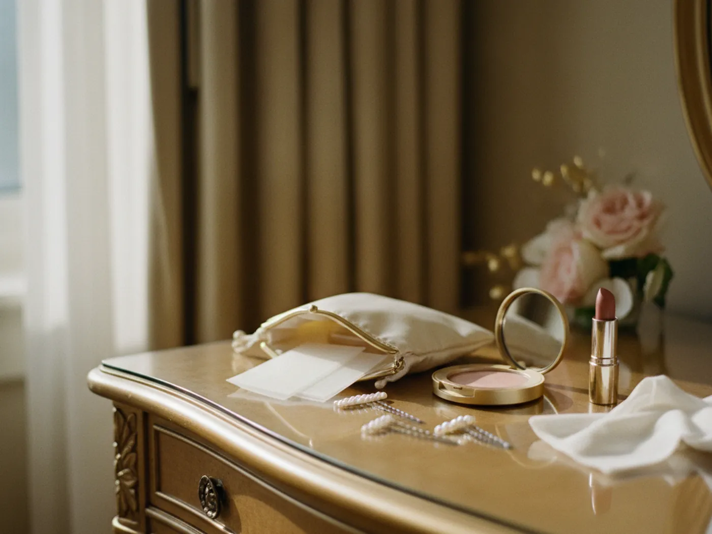 A small bridal touch-up pouch open on a dressing table with its contents laid out