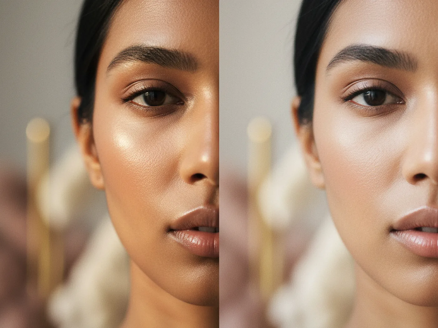 A bride's makeup shown in two different lights, natural daylight and with a camera flash, to show how they compare