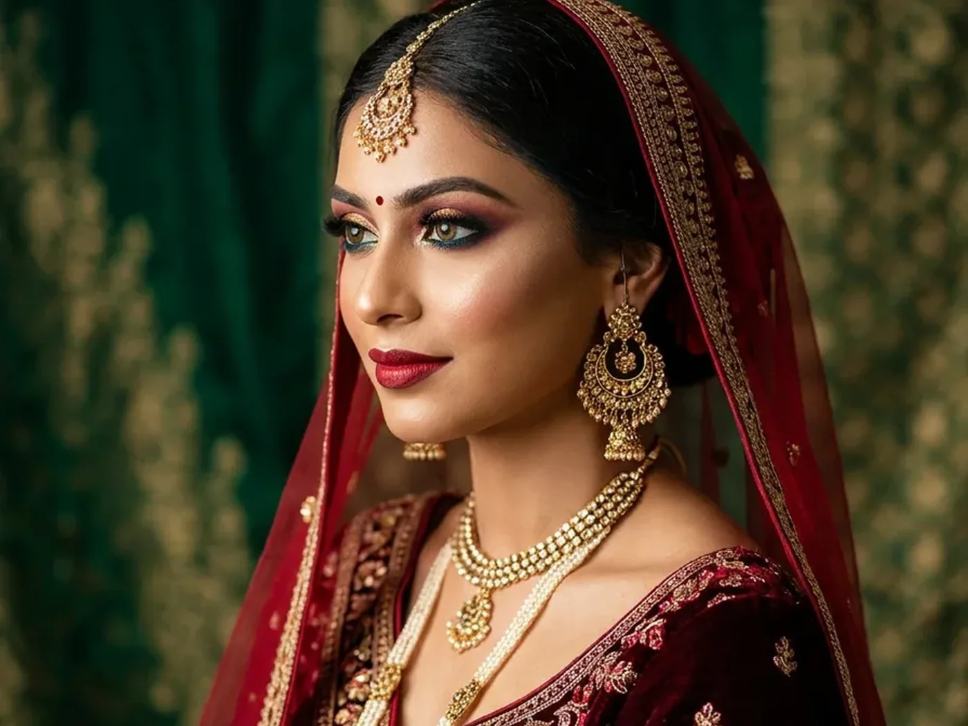 A bride in a crimson and gold lehenga with kundan jewellery and a maang tikka, her dupatta over her hair