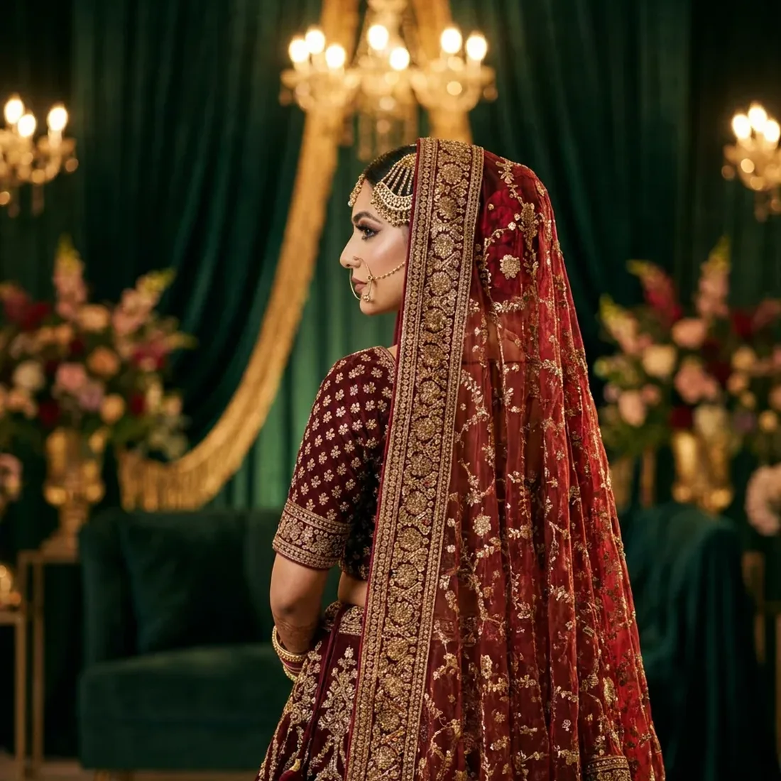 A bride photographed from behind in a deep red embroidered lehenga, against green velvet and candlelight