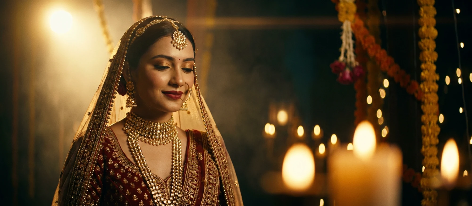 A bride in a crimson and gold lehenga with a kundan choker, rani haar and maang tikka, lit by candlelight among marigold garlands at her wedding