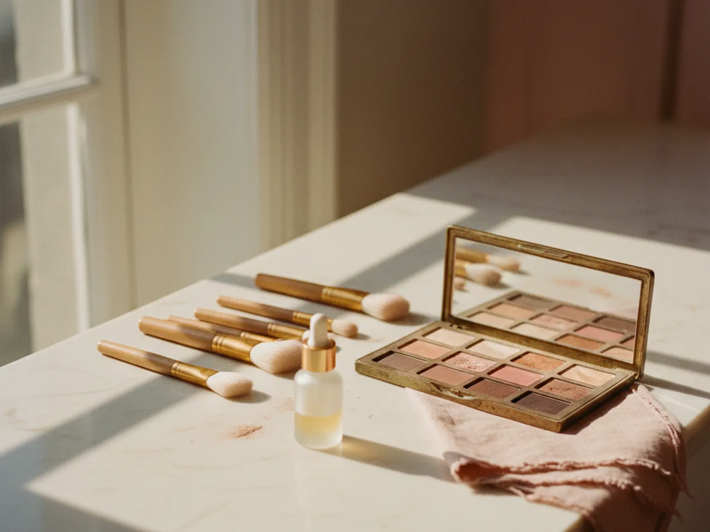 An artist's station on a marble counter, brushes laid in a row beside an open palette