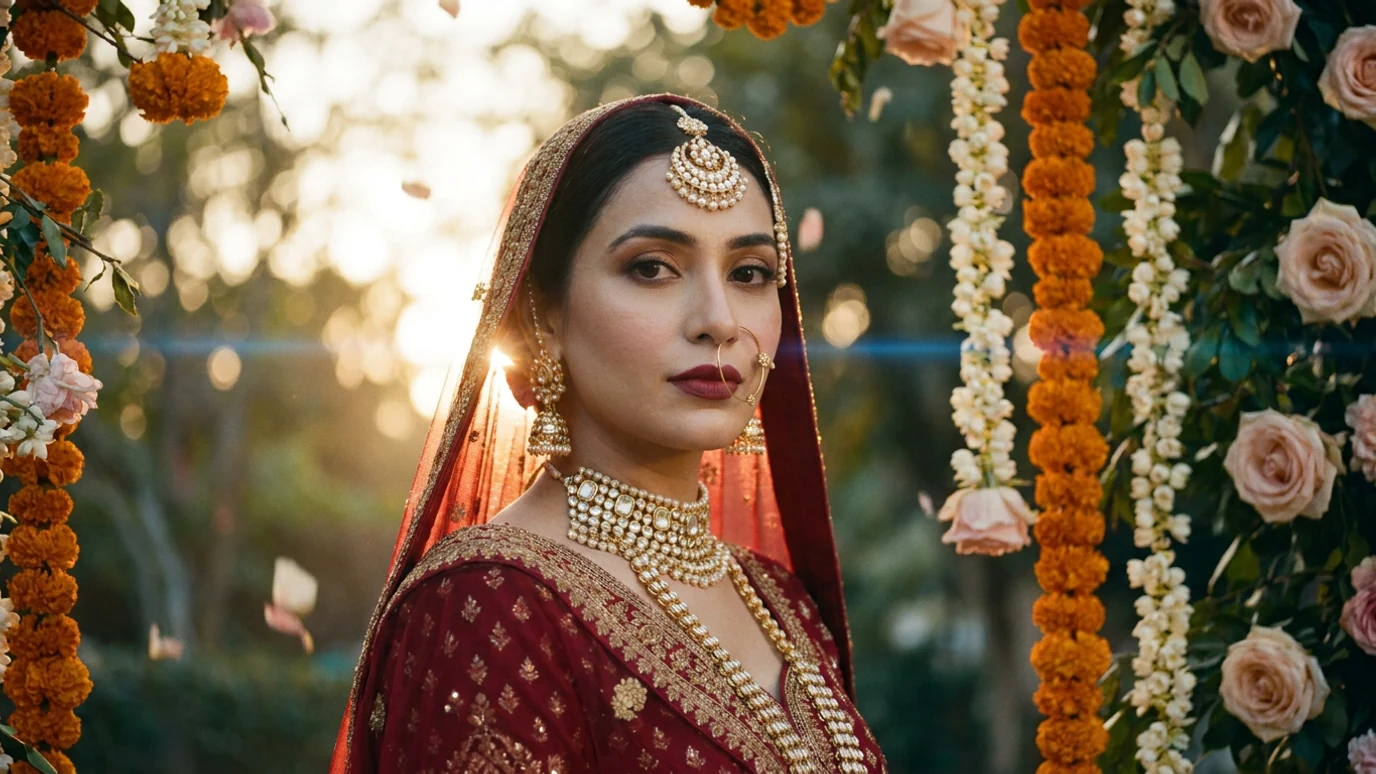 A bride in a crimson and gold lehenga with a kundan choker, maang tikka and nath, her dupatta over her hair, photographed at golden hour among marigold and jasmine garlands