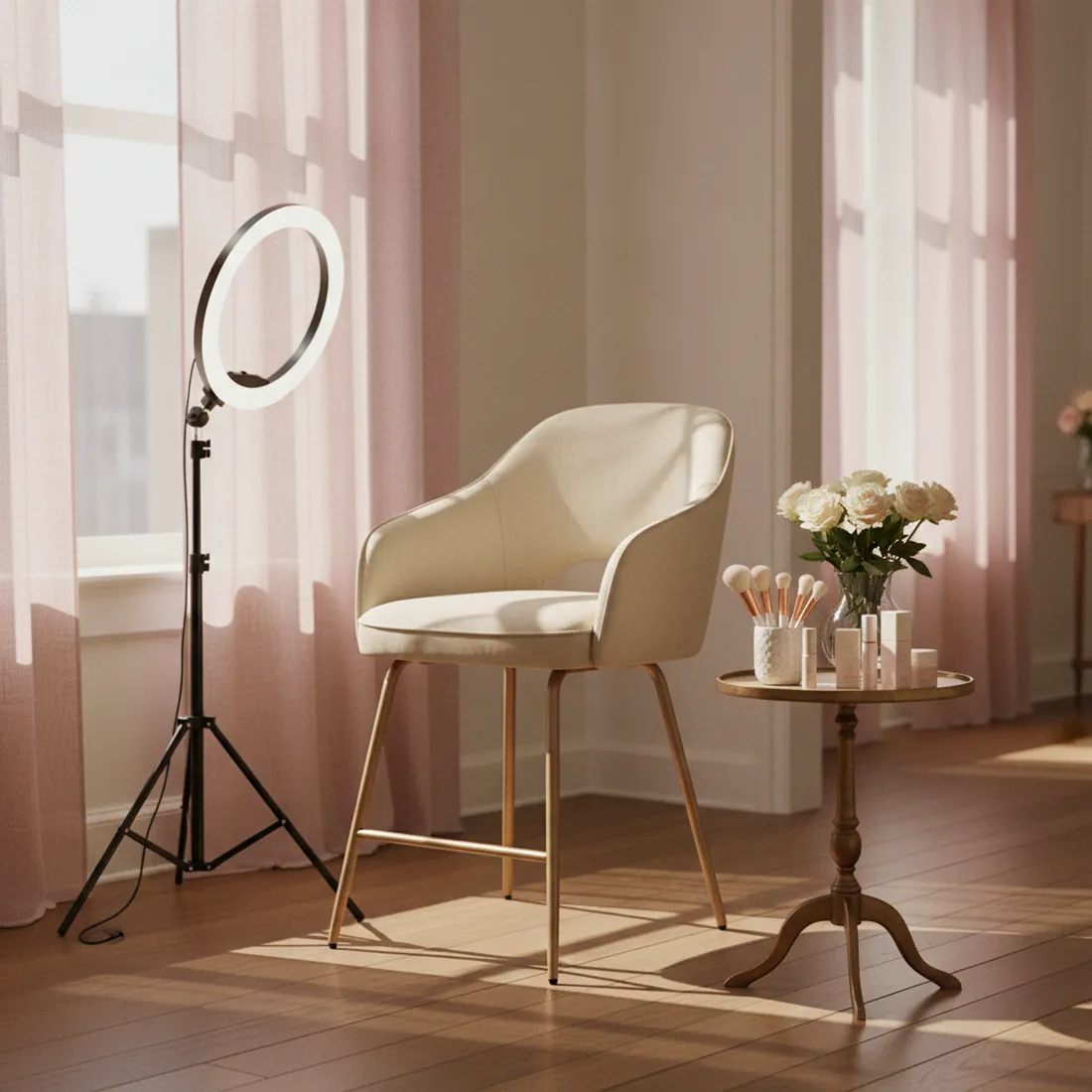A corner of the studio, a chair beside a large window with brushes and products on a side table
