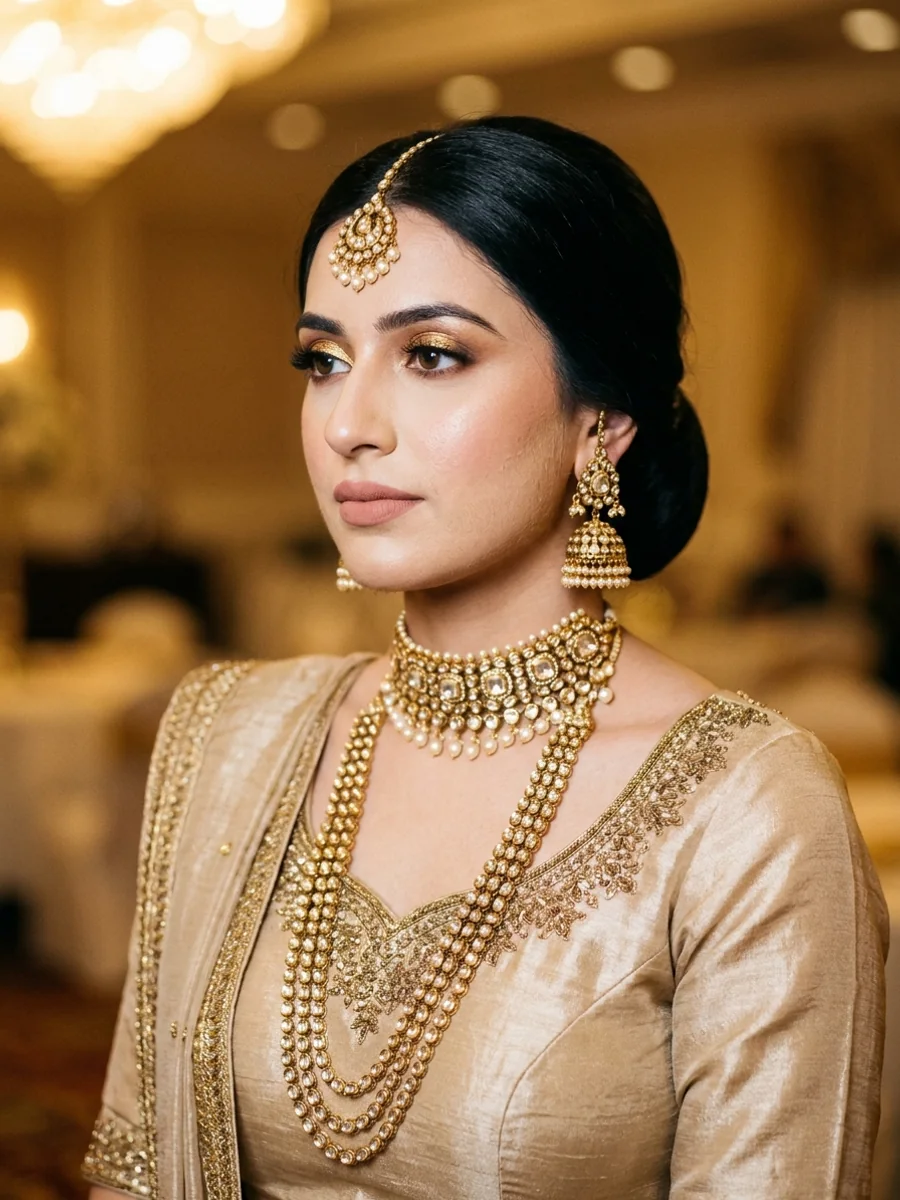 Gold Leaf. A glowing, sophisticated gold. A bridal look for a wedding / reception.