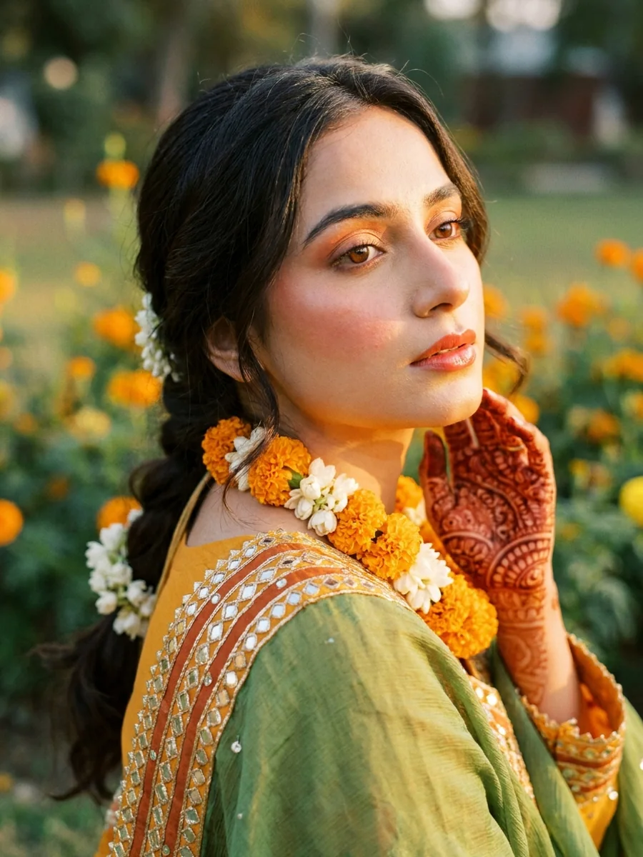 Marigold Hour. Colorful, joyful, and made to last. A bridal look for a mehndi.